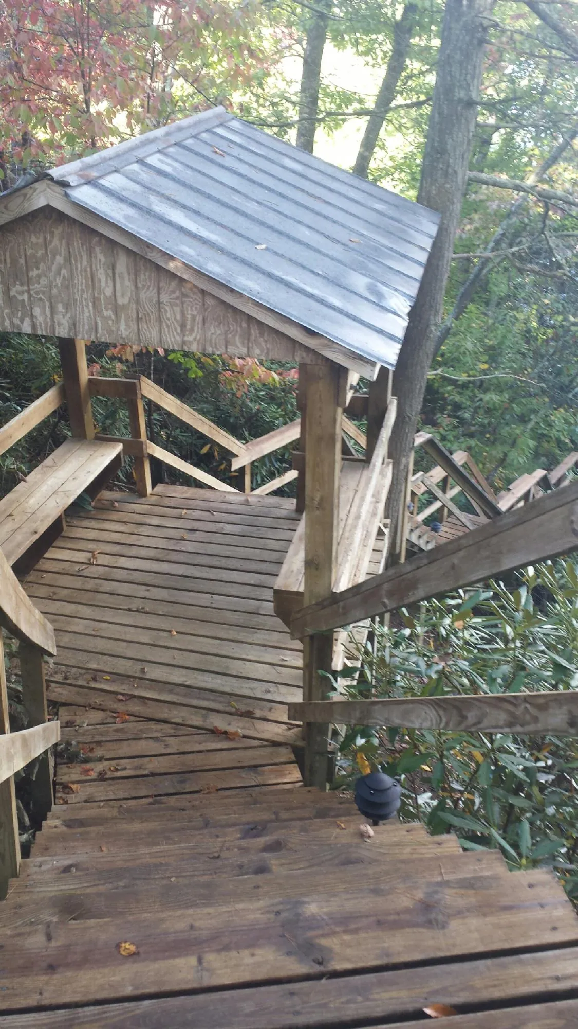 Metal roofed shelter over wooden steps on a wooded walkway — Skylight Repair & Installation work by our crew in Simla